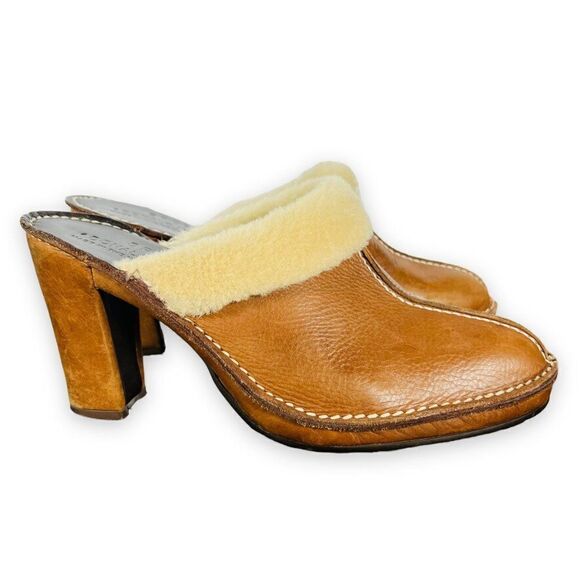 Donald J. Pliner Heels Winter Clogs Tan Leather / Cream Fur Trim Women's 8 N - Picture 4 of 11